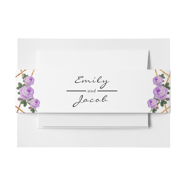 Elegant Gold Glitter Geometric Purple Floral Wed Invitation Belly Band (Front Example)