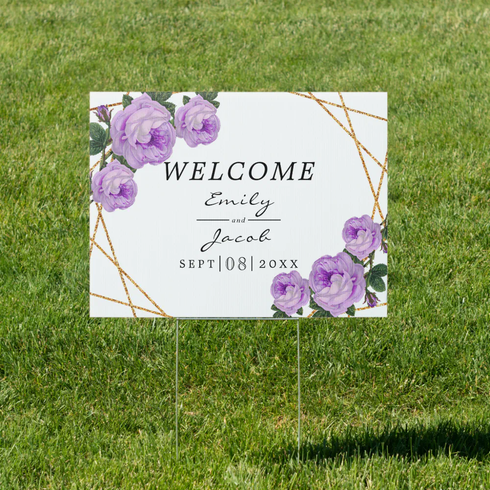 Elegant Gold Glitter Geometric Purple Floral Wed Sign