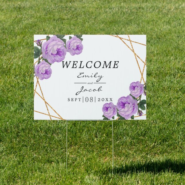 Elegant Gold Glitter Geometric Purple Floral Wed Sign (Insitu)