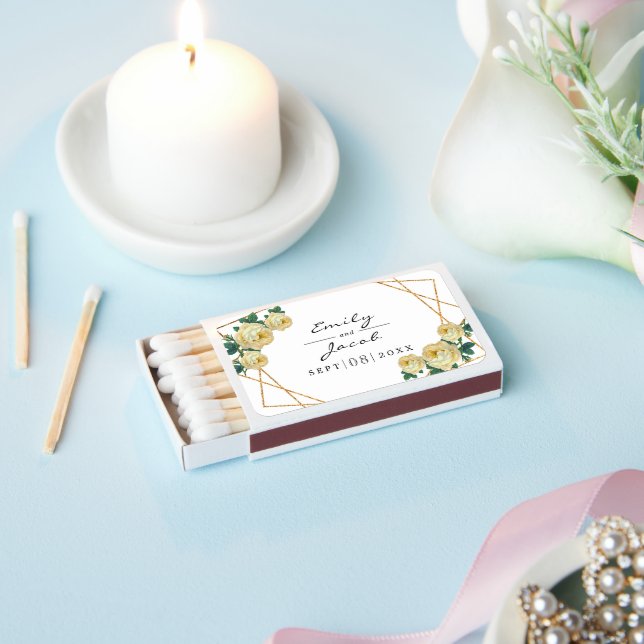 Elegant Gold Glitter Geometric Yellow Floral Matchboxes (Insitu)