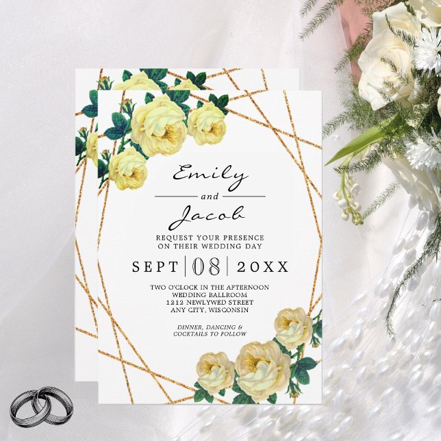 Elegant Gold Glitter Geometric Yellow Floral Wed Announcement (Creator Uploaded)