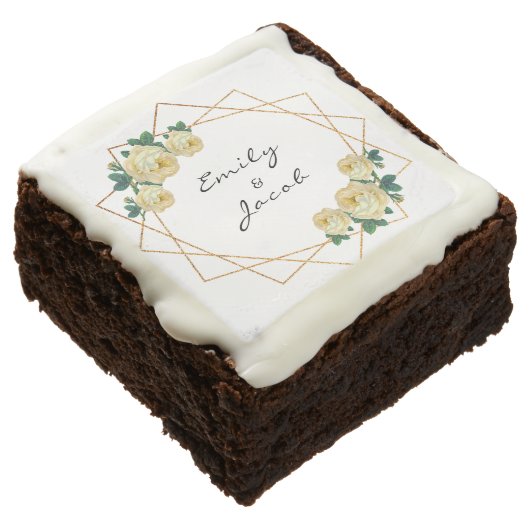 Elegant Gold Glitter Geometric Yellow Floral Wed Brownie (Angled)