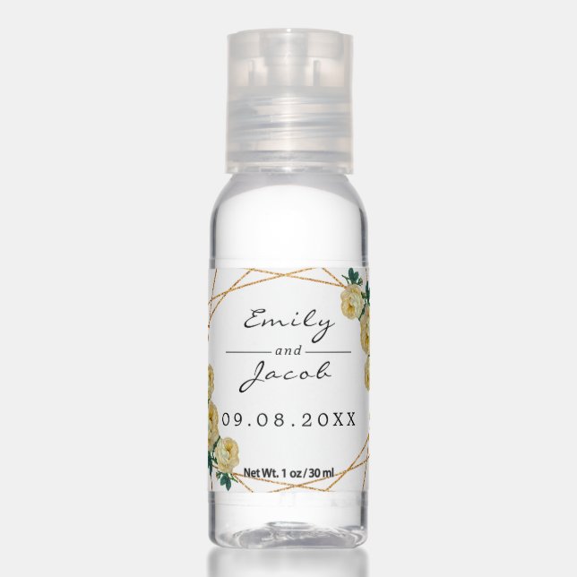 Elegant Gold Glitter Geometric Yellow Floral Wed Hand Sanitizer (Front)