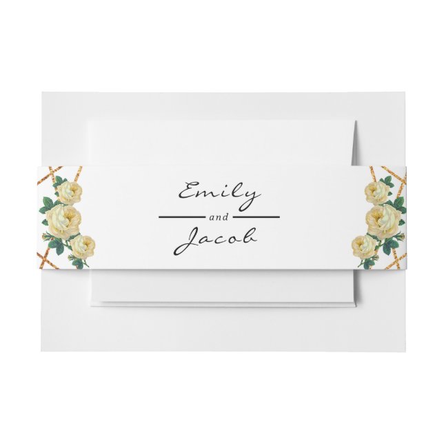 Elegant Gold Glitter Geometric Yellow Floral Wed Invitation Belly Band (Front Example)