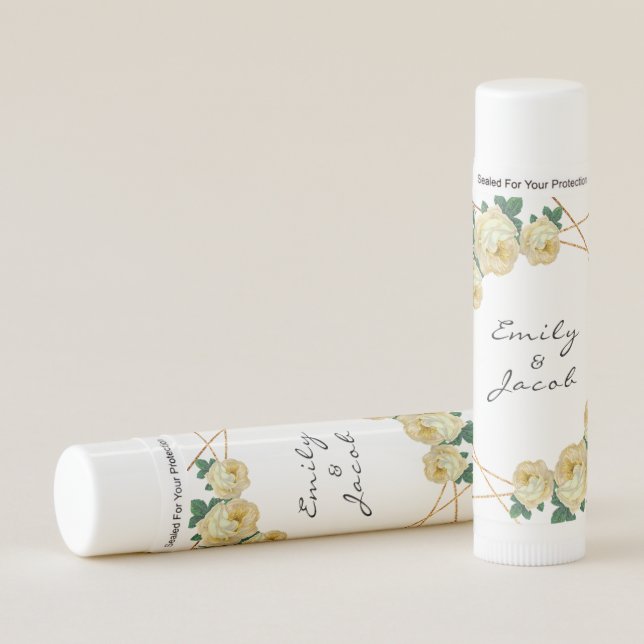 Elegant Gold Glitter Geometric Yellow Floral Wed Lip Balm (Front)