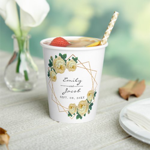 Elegant Gold Glitter Geometric Yellow Floral Wed Paper Cups