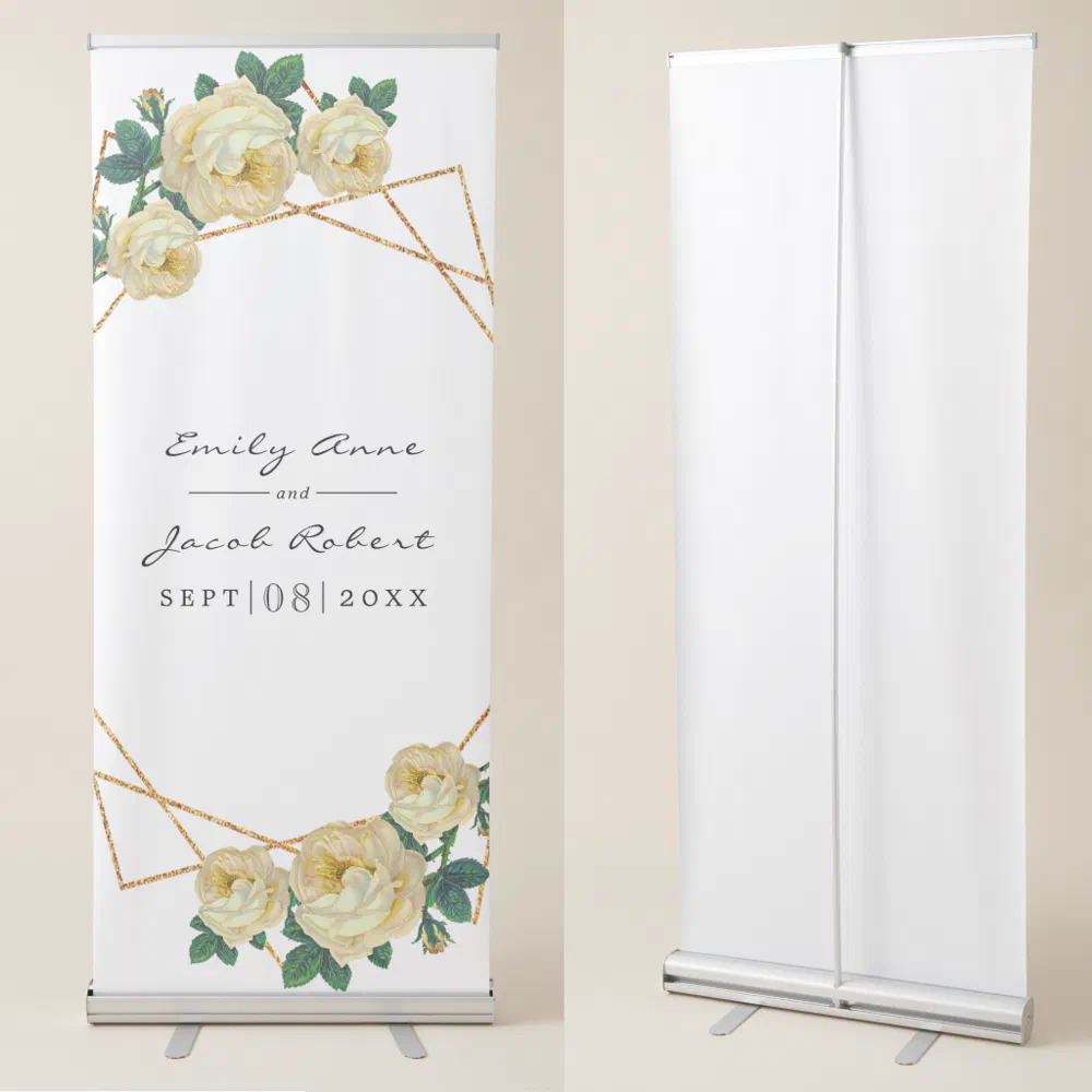 Elegant Gold Glitter Geometric Yellow Floral Wed Retractable Banner