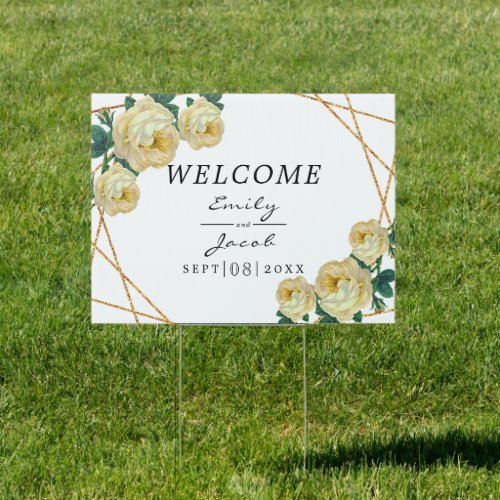 Elegant Gold Glitter Geometric Yellow Floral Wed Sign