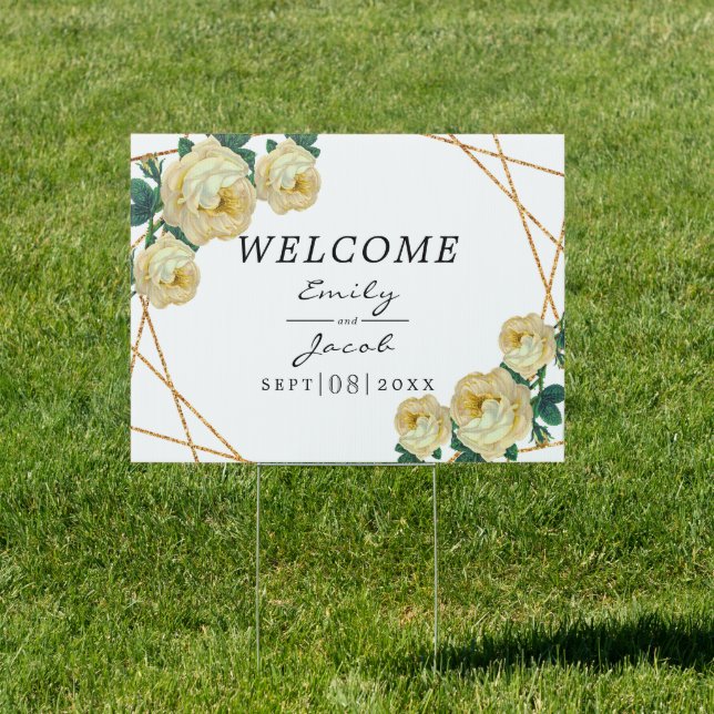 Elegant Gold Glitter Geometric Yellow Floral Wed Sign (Insitu)