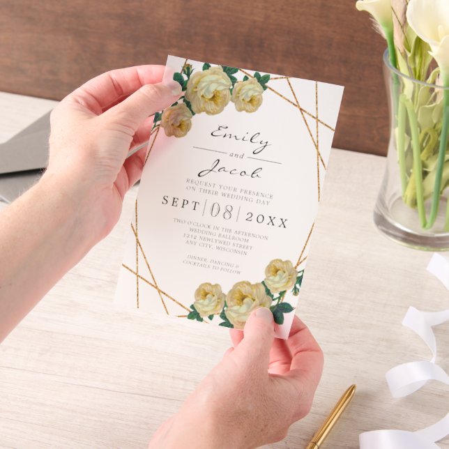 Elegant Gold Glitter Geometric Yellow Wedding Vellum Invitations (Handheld)