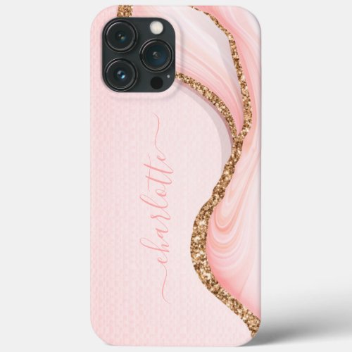 Elegant Gold Glitter Girly Glam Pink Marble Name iPhone 13 Pro Max Case