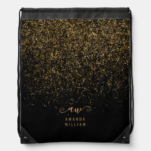 Elegant Gold Glitter Glam Monogram Name Drawstring Bag