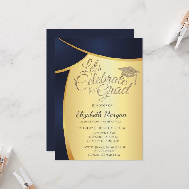 Elegant Gold Glitter Grad Cap,Blue Gold Graduation Invitation (Front/Back In Situ)
