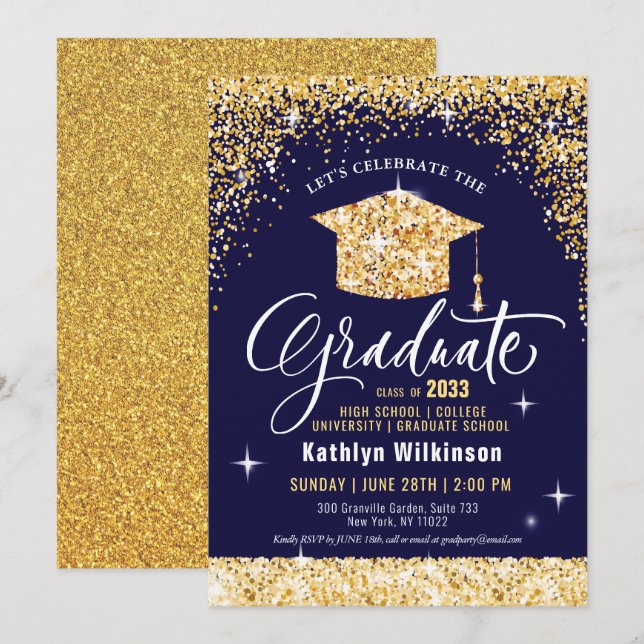 Elegant Gold Glitter Grad Cap on Blue Graduation Invitation (Front/Back)