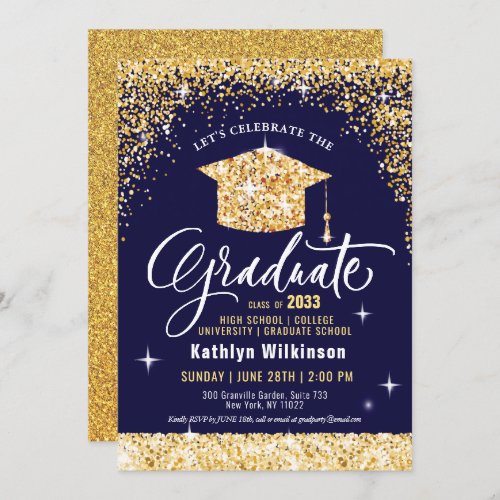 Elegant Gold Glitter Grad Cap on Blue Graduation Invitation