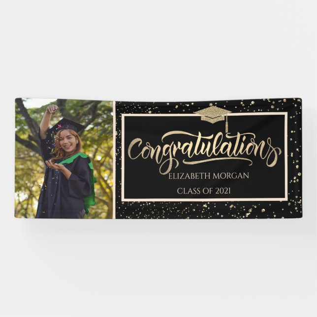 Elegant Gold Glitter Grad Cap,Photo Graduation  Banner (Horizontal)