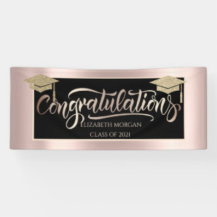 Elegant Gold Glitter Grad Cap Rose Gold Banner