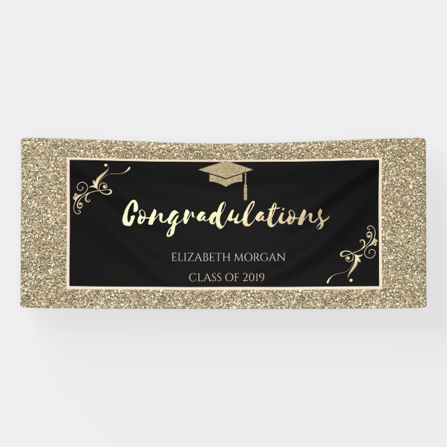 Elegant Gold Glitter Graduate Cap Banner (Horizontal)