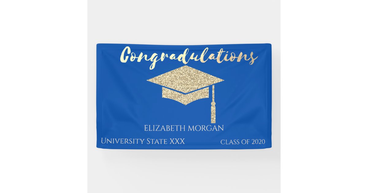 Elegant Gold Glitter Graduate Cap,Blue Graduation Banner | Zazzle