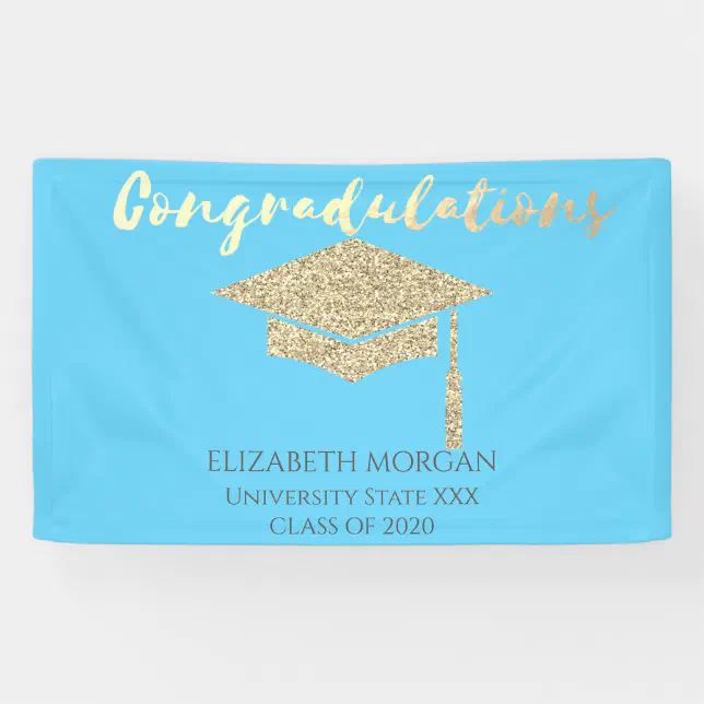Elegant Gold Glitter Graduate Cap,Blue Graduation Banner | Zazzle
