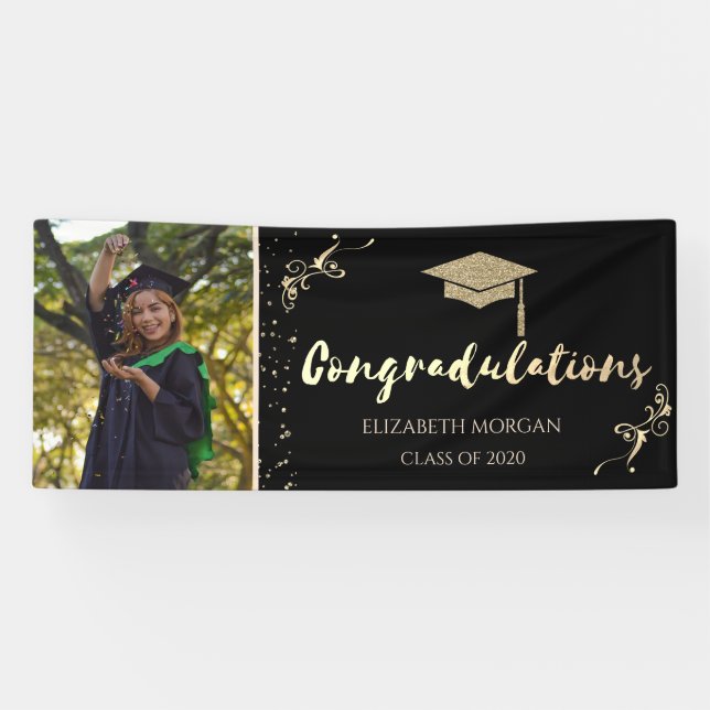 Elegant Gold Glitter Graduate Cap,Photo Graduation Banner (Horizontal)