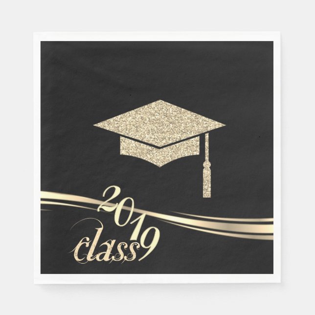 Elegant Gold Glitter Graduation Cap, Class 2019 Napkins (Front)