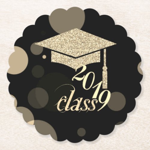 Elegant Gold Glitter Graduation Cap Class 2019 Paper Coaster