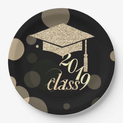 Elegant  Gold Glitter Graduation Cap Class 2019 Paper Plates