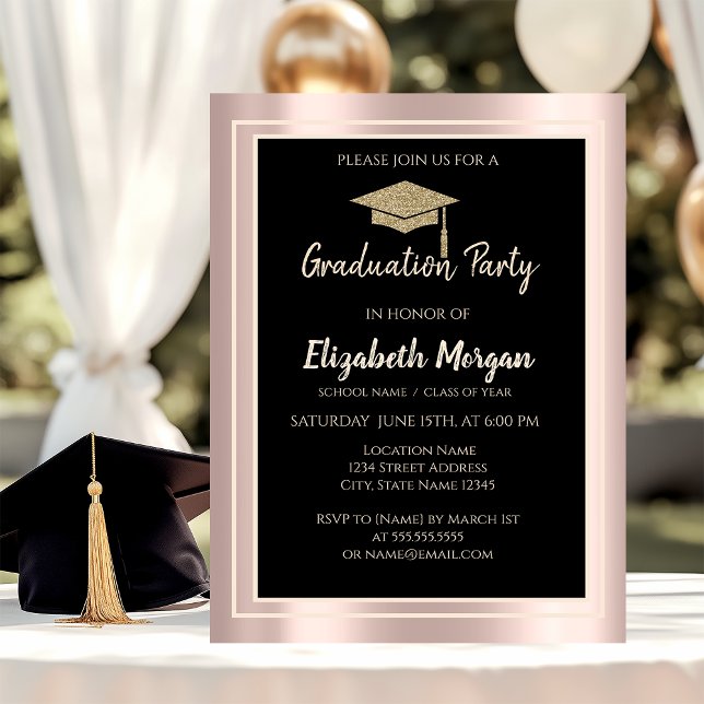 Elegant Gold Glitter Graduation Cap Rose Gold Invitation (Creator Uploaded)
