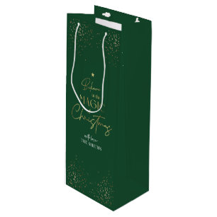 Elegant Gold Glitter Green Family Name Christmas Wine Gift Bag