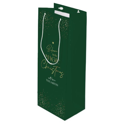 Elegant Gold Glitter Green Family Name Christmas Wine Gift Bag