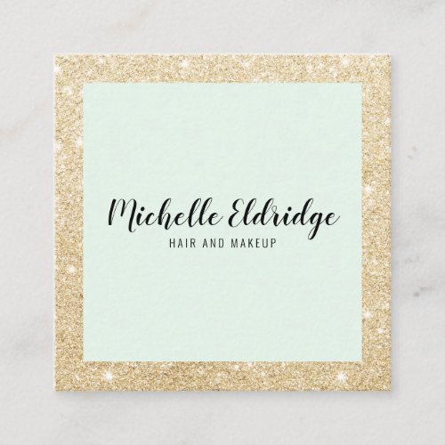 Elegant gold glitter hair and makeup mint green square business card