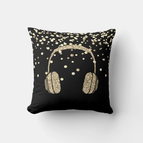 Elegant Gold glitter HeadphoneConfettiBlack Throw Pillow