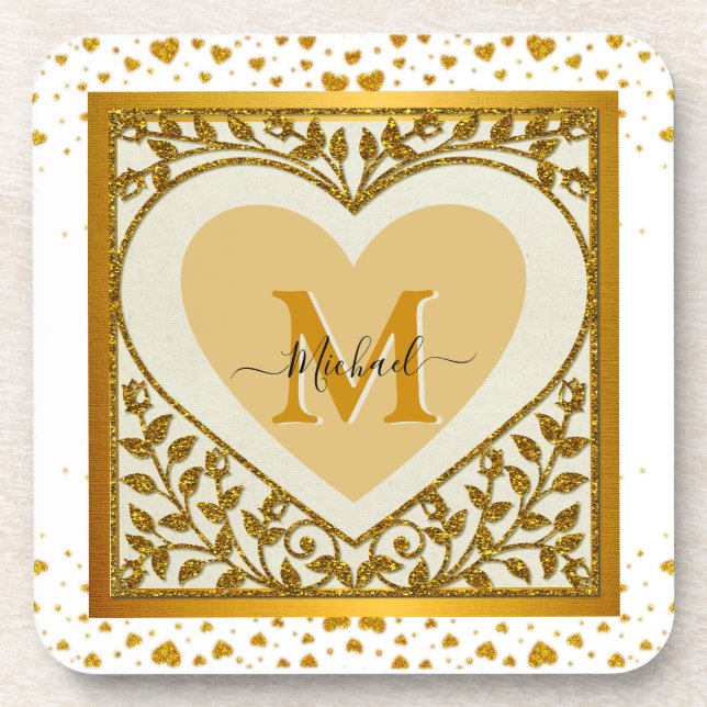 Elegant Gold Glitter Heart Initial & Name Beverage Coaster (Front)