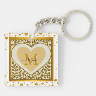 Elegant Gold Glitter Heart Initial & Name Keychain