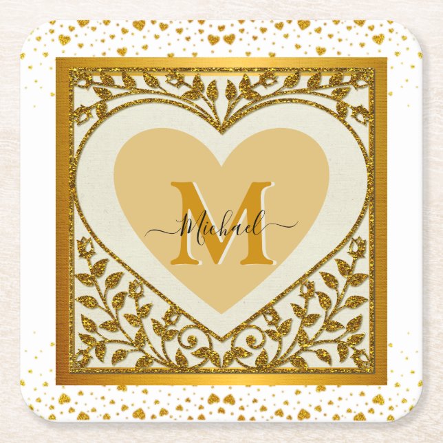 Elegant Gold Glitter Heart Initial & Name Square Paper Coaster (Front)