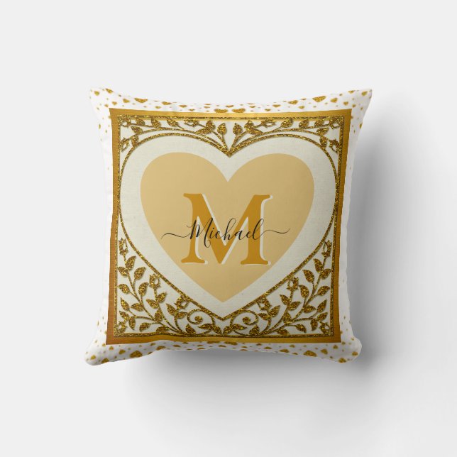 Elegant Gold Glitter Heart Initial & Name Throw Pillow (Back)