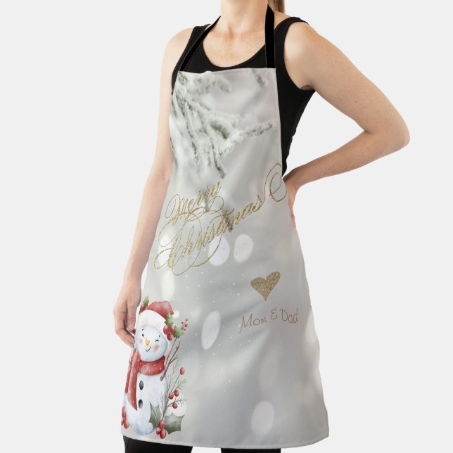 Elegant Gold Glitter Heart Snowman Apron (Insitu)