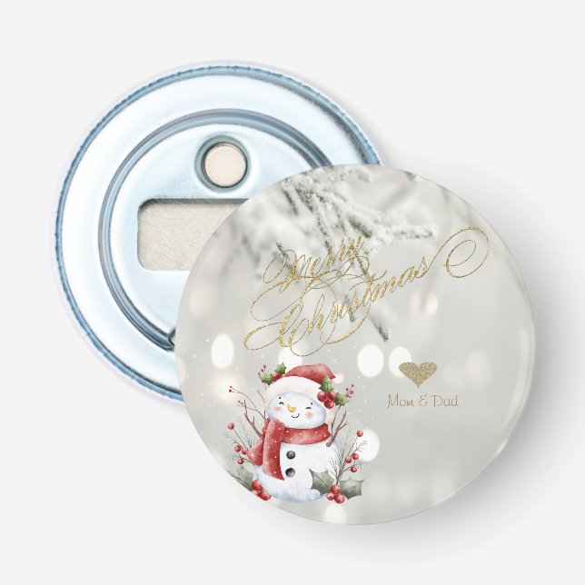 Elegant Gold Glitter Heart Snowman Bottle Opener (Front)