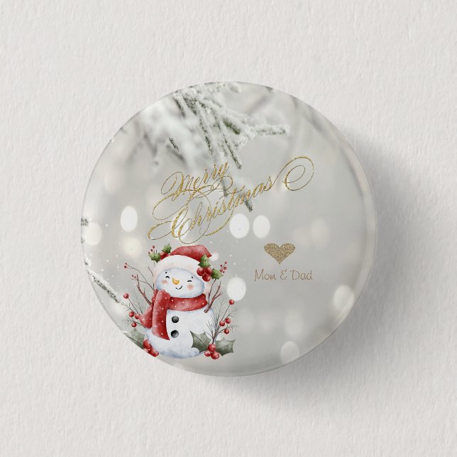 Elegant Gold Glitter Heart Snowman Button (Front)