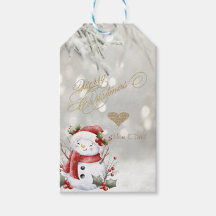 Elegant Gold Glitter Heart Snowman Gift Tags