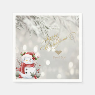 Elegant Gold Glitter Heart Snowman Napkins