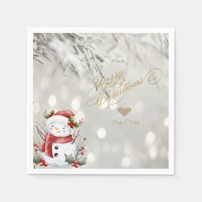 Elegant Gold Glitter Heart Snowman Napkins (Front)