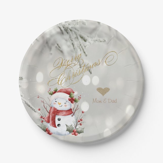 Elegant Gold Glitter Heart Snowman Paper Plates (Front)