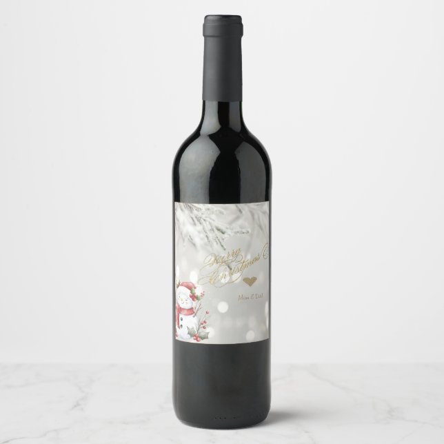 Elegant Gold Glitter Heart Snowman Wine Label (Front)