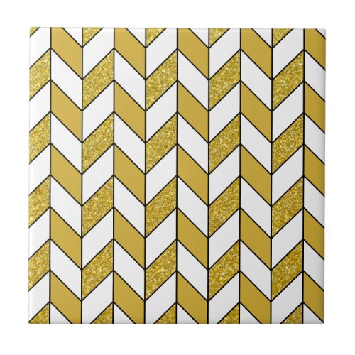 Elegant Gold Glitter Herringbone Chevron Pattern Ceramic Tile