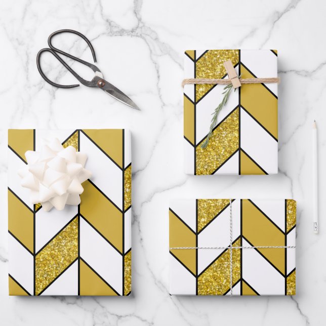 Elegant Gold Glitter Herringbone Chevron Pattern Wrapping Paper Sheets (Front)