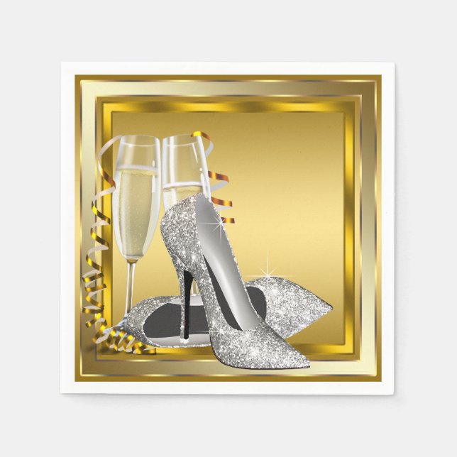Elegant Gold Glitter High Heel Paper Napkins (Front)