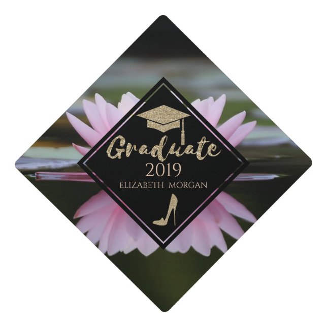 Elegant Gold Glitter High Heels,Lotus Graduate Cap (Front)