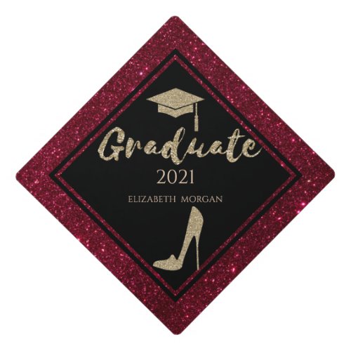 Elegant Gold Glitter High HeelsRed Graduation Cap Topper